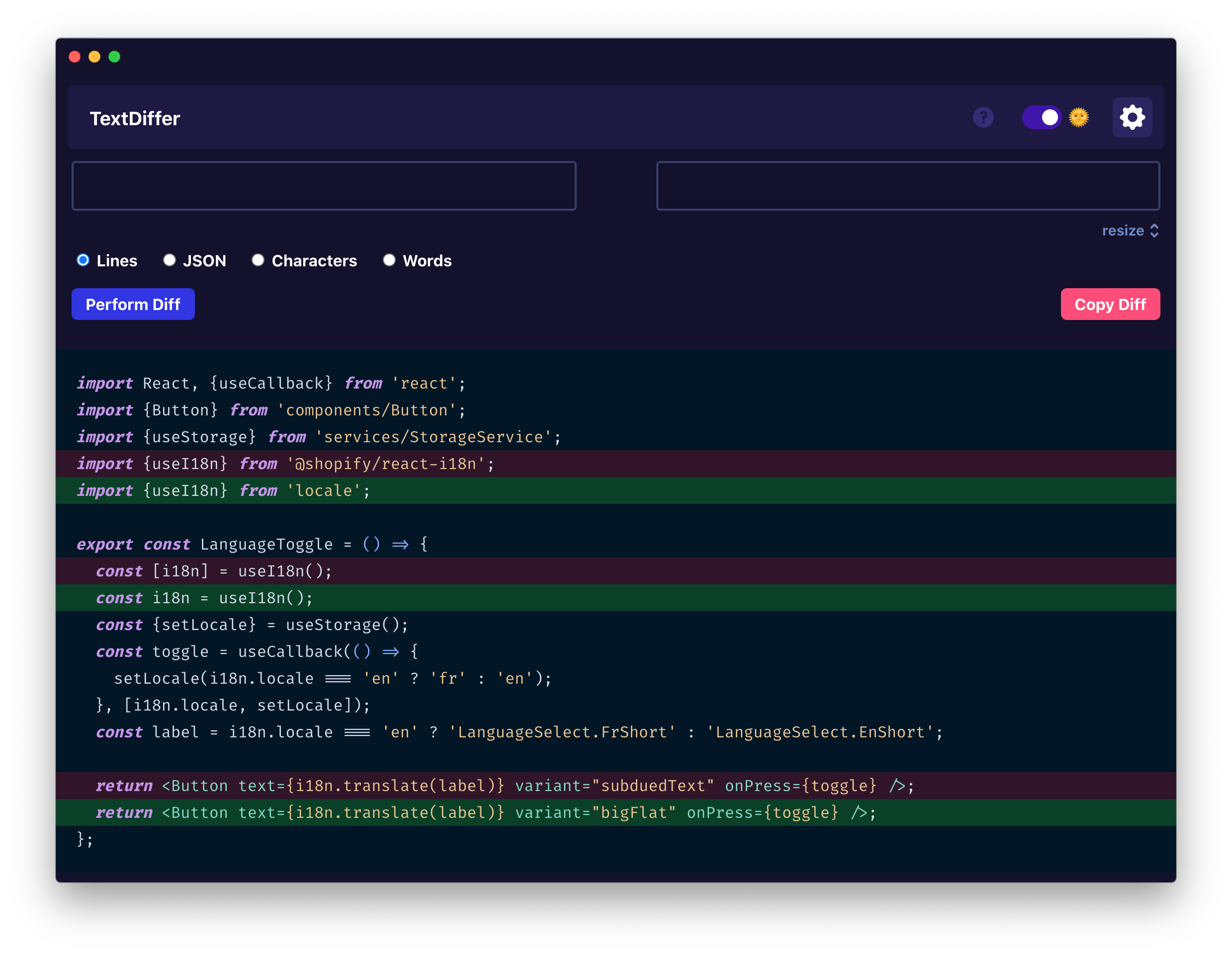 Screenshot of TextDiffer showing a dark theme and TypeScript code