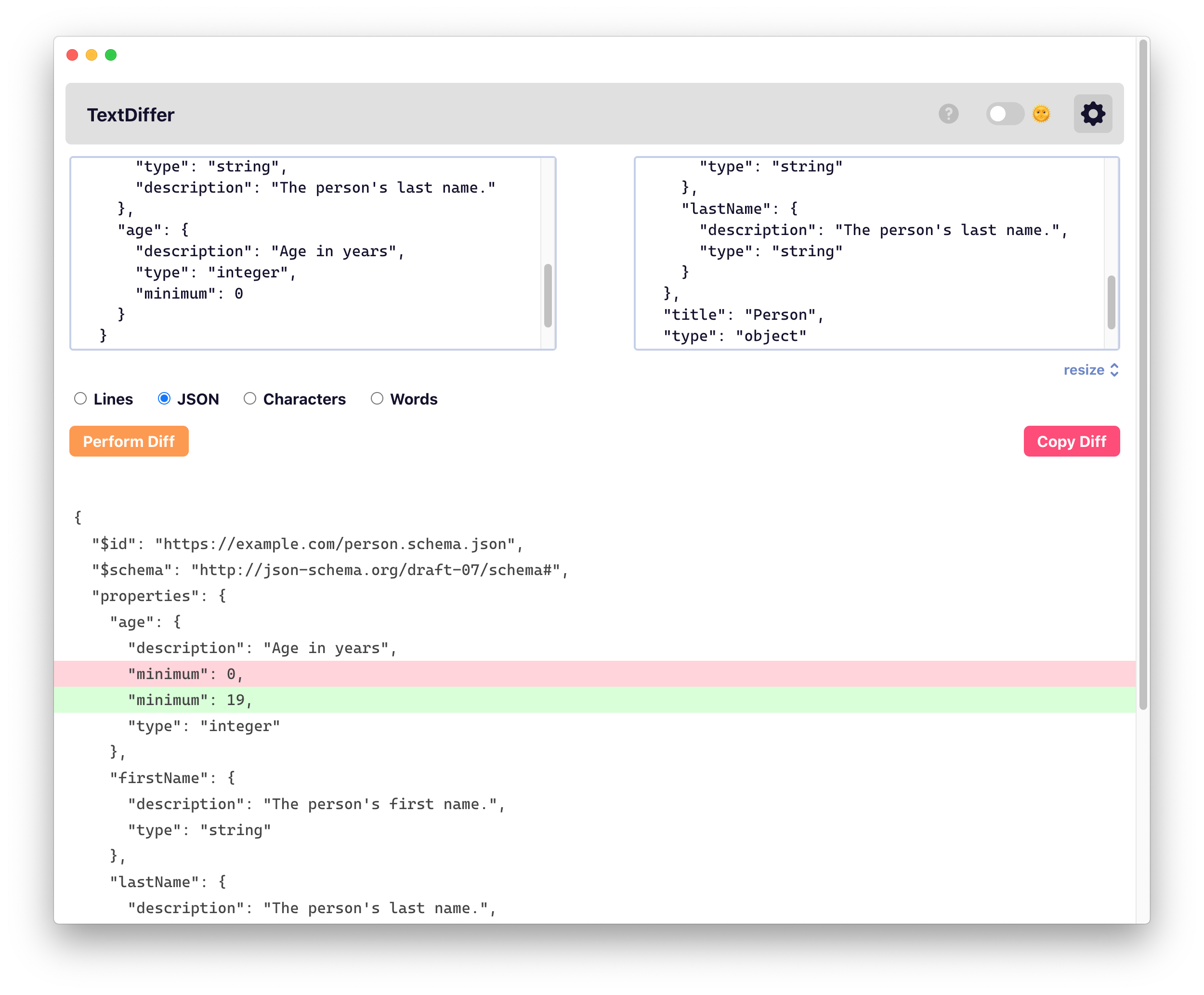 TextDiffer JSON diff output